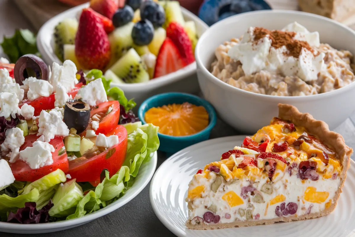 Whole-grain crackers topped with cottage cheese and garnished with fresh herbs