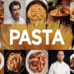 Various types of pasta on a wooden table with ingredients like tomatoes, basil, and garlic, showcasing the diversity of pasta dishes.