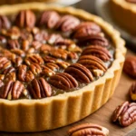 A slice of pecan pie with a gooey filling and crunchy pecans, served on a white plate with a fork.