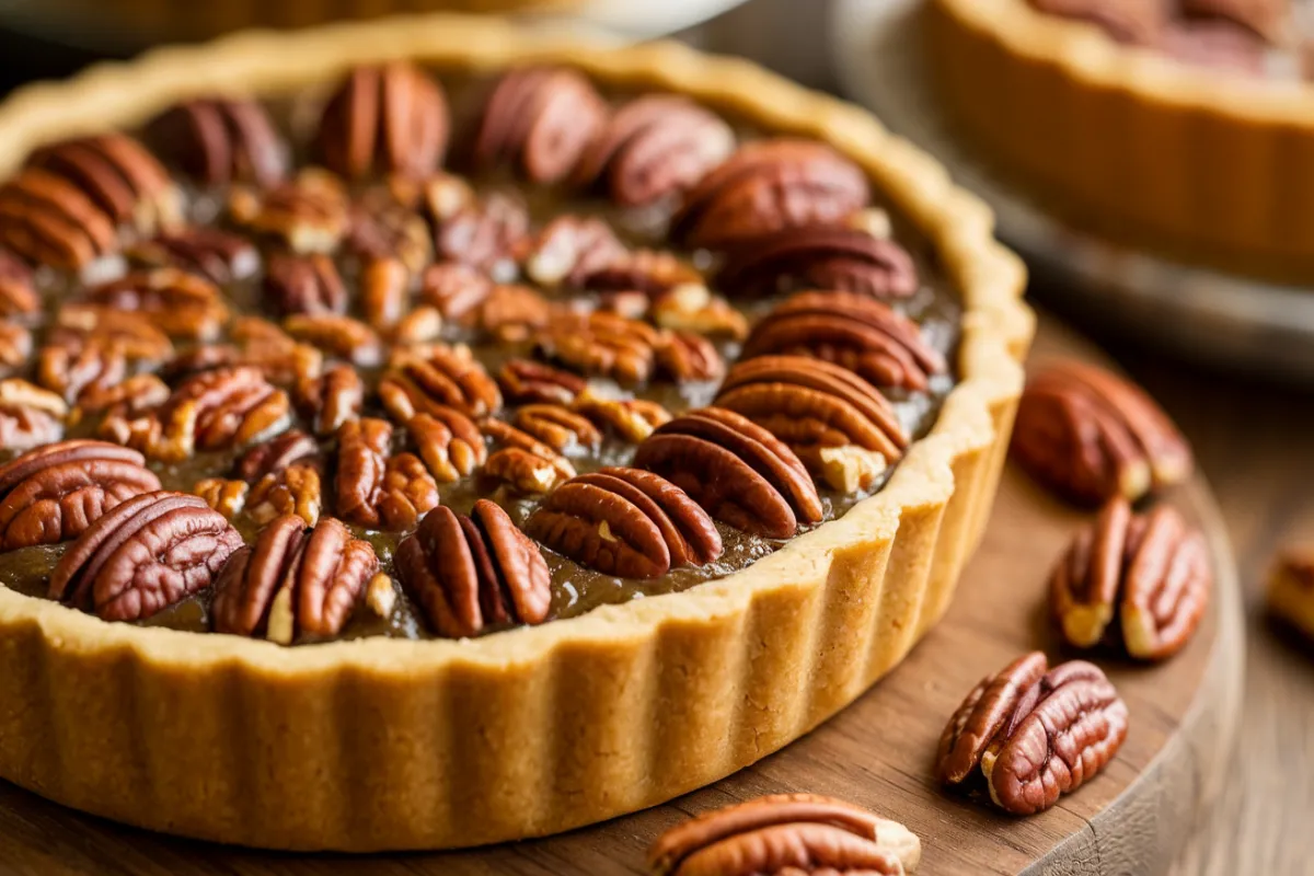 A slice of pecan pie with a gooey filling and crunchy pecans, served on a white plate with a fork.