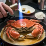 Close-up of a savory crab brulee with a golden caramelized sugar crust, garnished with fresh herbs in a white ramekin on a wooden table.