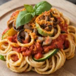 A bowl of cooked chickpea pasta topped with fresh basil and cherry tomatoes.